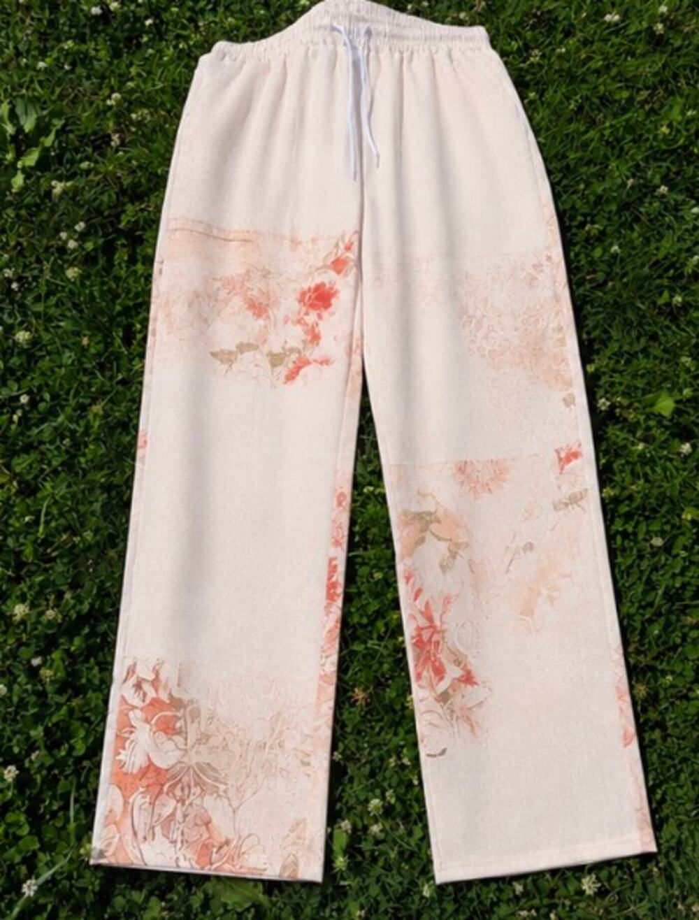 White Patch Lightweight Pants Floral Wide Leg Elastic Waist Boho Cottagecore
